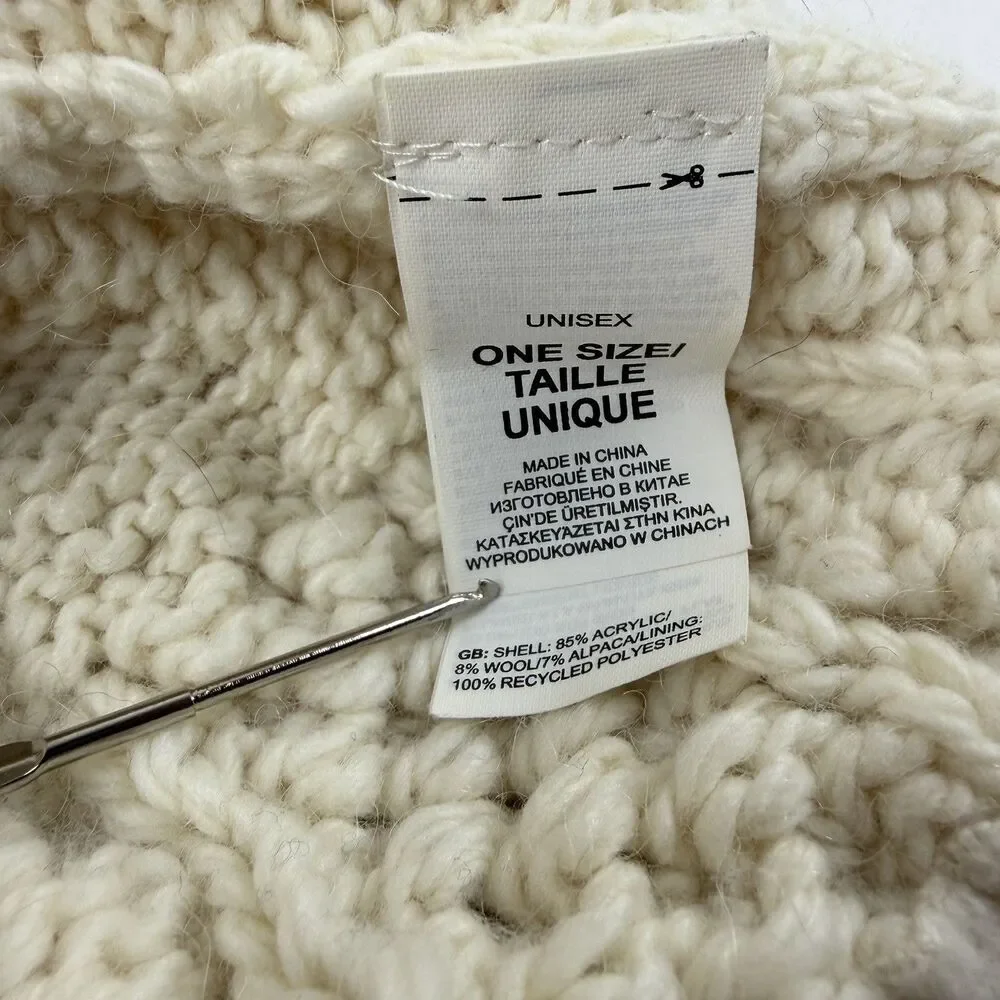 North Face Beanie Ivory CableKnit Hat OS Wool Acrylic Alpaca Unisex Fleece Lined